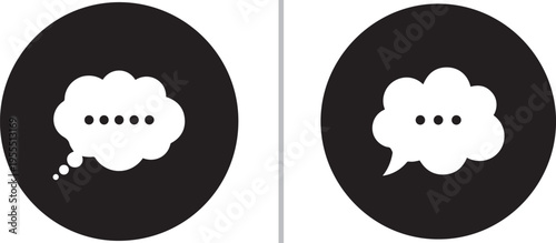 Minimalist vector icon set featuring white thought bubbles with ellipsis dots inside solid black circles, representing digital communication, brainstorming, and mental processing.