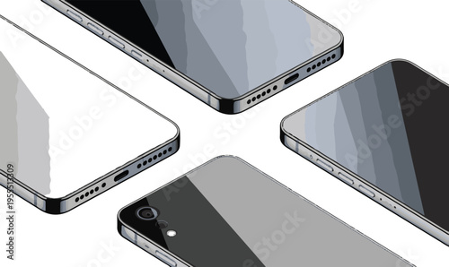 Four smartphone devices in various positions on a transparent background
