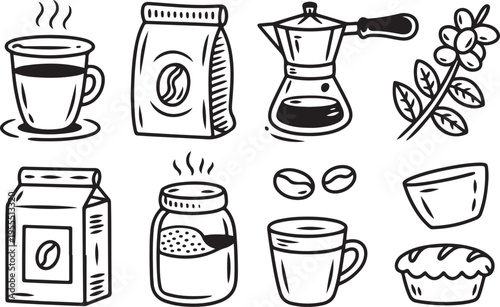 Coffee brewing objects and ingredients drawn in doodle art