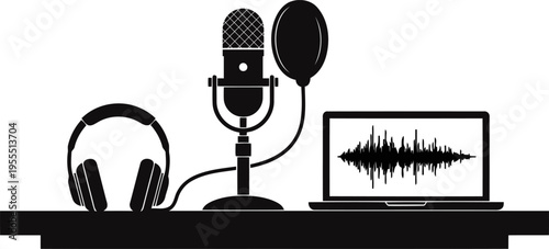Professional Podcast Studio Gear Silhouette – Microphone, Headphones, and Laptop with Audio Waveform.