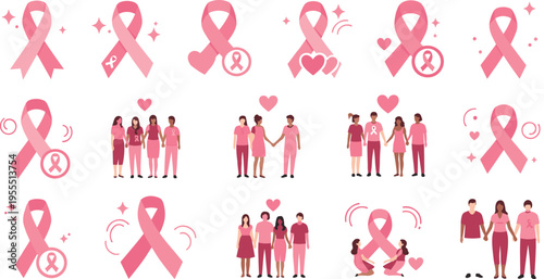 Breast cancer awareness pink ribbon set with diverse people groups, hearts and support symbols healthcare vector illustration collection