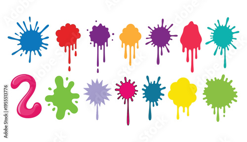 Color ink blots. Colorful paint splatters and drips in organic splashes. Bright, playful, bold abstract graffiti spots for kids art blobs, comics, pop .