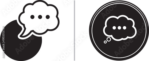 Minimalist vector icon set featuring white thought bubbles with ellipsis dots inside solid black circles, representing thinking, brainstorming, or communication processing.