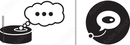Two minimalist black circular icons featuring white cloud-shaped thought bubbles with ellipsis dots. One icon includes a flat base, representing dreaming, thinking, or digital chat processing.