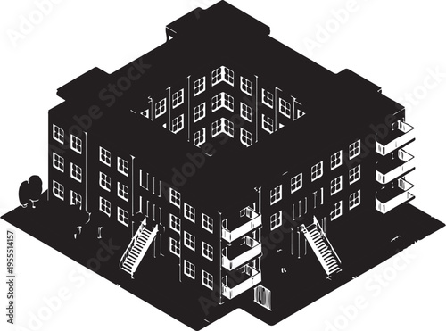 Isometric residential apartment building with stairs and balconies illustration