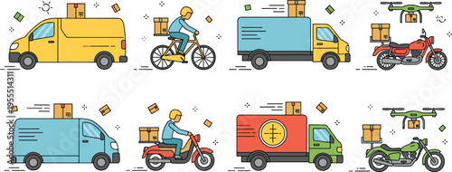 Logistics and delivery service vector set with shipping van truck motorcycle bicycle and drone carrying cardboard boxes for e-commerce