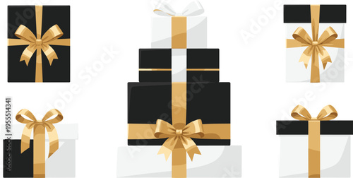Luxury black and white gift box vector set with gold ribbons and bows for premium holiday retail and elegant celebration design