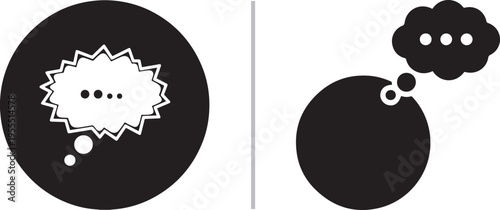 Two minimalist black circular icons featuring white thought bubbles. One is a jagged burst for sudden ideas, and the other is a soft cloud with an ellipsis, representing processing or dreaming.