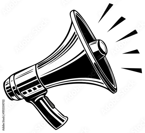 Retro bullhorn megaphone icon making a sound. Black and white vector illustration.