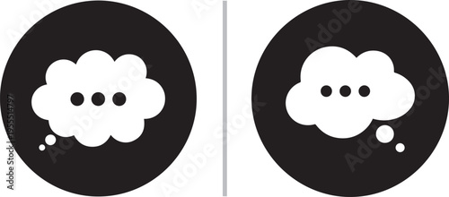 Minimalist vector icon set featuring white thought bubbles with ellipsis dots inside solid black circles, representing thinking, digital chat, and mental processing.