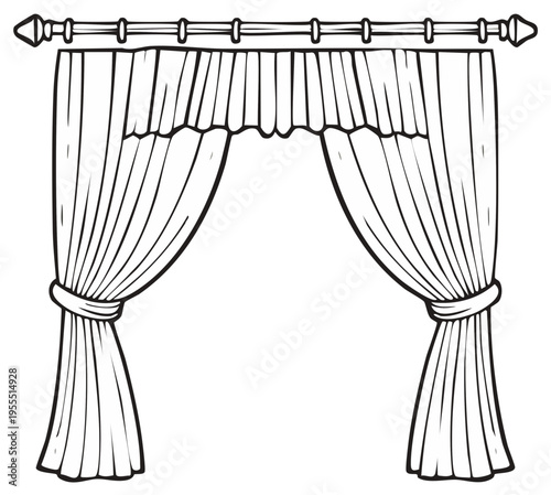 Black and white drawing of elegant curtains draped with tie backs on a curtain rod