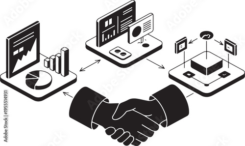Business people handshake with data flow and technology concept