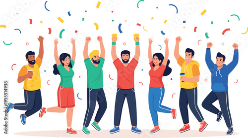 Diverse group of happy people celebrating with confetti and hands raised for party success victory and festival vector illustration