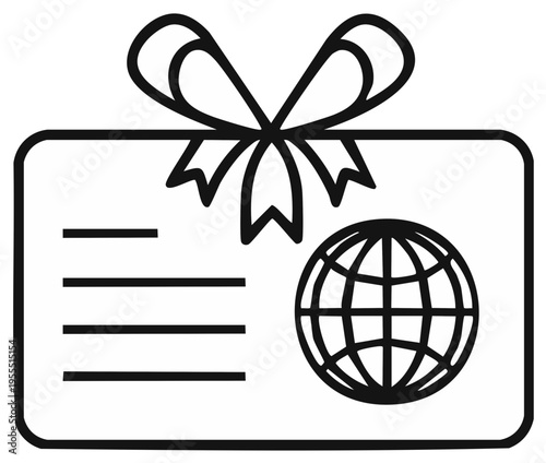 Gift card with ribbon and globe icon for travel or services