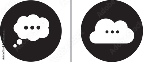Minimalist vector icon set featuring white thought bubbles and cloud symbols with ellipsis dots inside solid black circles, perfect for representing communication, thinking, or processing.