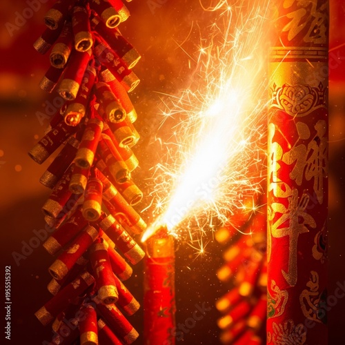 Burning Firecrackers with Red Casings and Golden Embellishments in