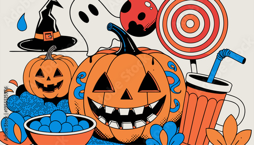 Festive Halloween Vector Banner with Jack-o'-Lanterns, Ghost, Witch Hat and Party Treats, Seasonal Holiday Background for Social Media and Marketing Design