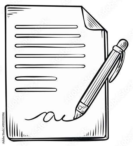 Hand drawn line art illustration of a pen signing a contract document with a signature