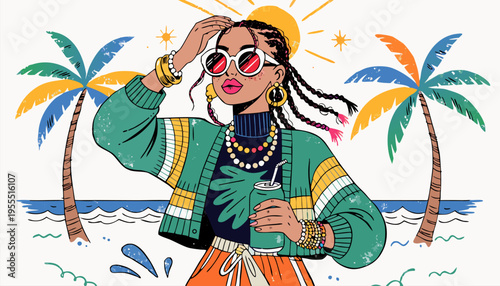 Stylish Black Woman Enjoying Summer Vacation on Tropical Beach with Palm Trees and Drink, Flat Vector Illustration for Travel Lifestyle Marketing and Social Media