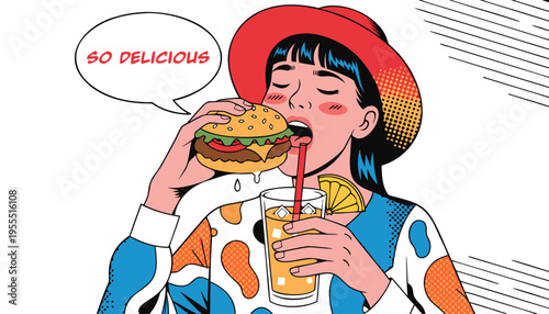 Retro Pop Art Woman Eating a Delicious Burger with Speech Bubble, Fast Food Marketing and Restaurant Advertising Vector Illustration