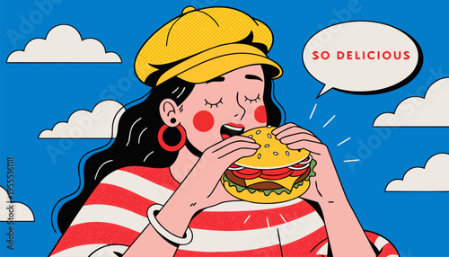 Retro Pop Art Woman Eating a Delicious Burger with Speech Bubble, Fast Food Marketing and Restaurant Advertising Vector Illustration