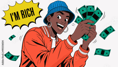 Successful Man Holding Lots of Cash Money Bills with I'm Rich Speech Bubble, Pop Art Vector Illustration for Finance, Investment, Success and Financial Freedom Marketing