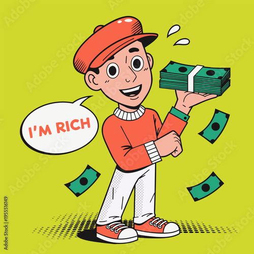 Successful Man Holding Lots of Cash Money Bills with I'm Rich Speech Bubble, Pop Art Vector Illustration for Finance, Investment, Success and Financial Freedom Marketing