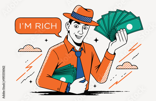 Successful Man Holding Lots of Cash Money Bills with I'm Rich Speech Bubble, Pop Art Vector Illustration for Finance, Investment, Success and Financial Freedom Marketing