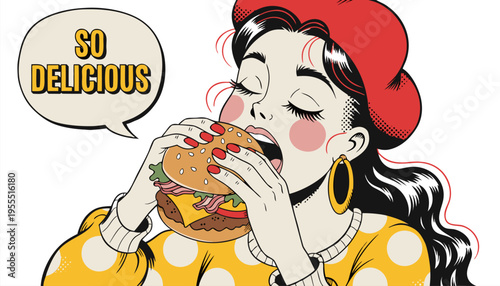 Retro Pop Art Woman Eating a Delicious Burger with Speech Bubble, Fast Food Marketing and Restaurant Advertising Vector Illustration