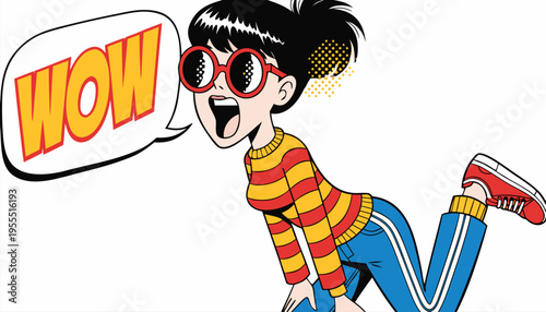 Surprised Woman in Retro Comic Book Style with Wow Speech Bubble and Sunglasses, Pop Art Vector Illustration for Social Media Marketing and Advertising
