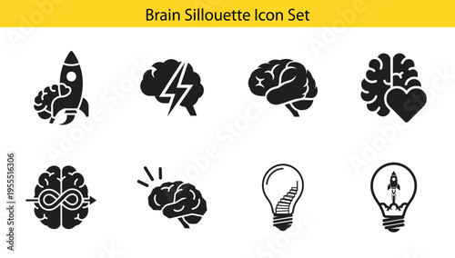 Innovative brain silhouette symbol collection displaying startup and rocket mind ideas for modern creative business branding materials