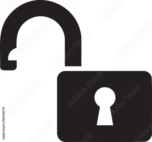 A black padlock with an open shackle and keyhole on a white background