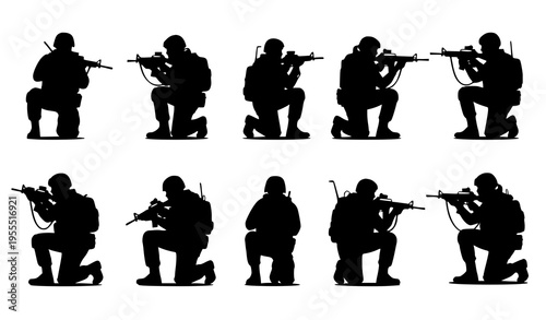 Military Soldier Tactical Silhouette Collection with Combat Positions, Armed Forces Personnel, and Shooting Stances for Army, War, and Defense Vector Illustration