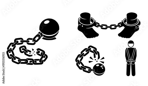 Prison Restraint Icon Set with Ball and Chain, Handcuffs, Shackles, and Captive Symbols for Law Enforcement, Crime, and Justice Vector Illustration