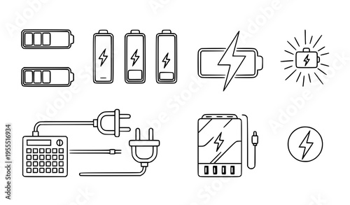 Battery and Power Icon Set with Charging Levels, Electricity Symbols, Plug, Cable, and Energy Indicators for Technology and Device Vector Illustration