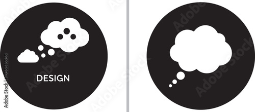 Minimalist vector icon set featuring white thought clouds and bubbles inside solid black circles, one including the word "DESIGN," symbolizing creative thinking and brainstorming.