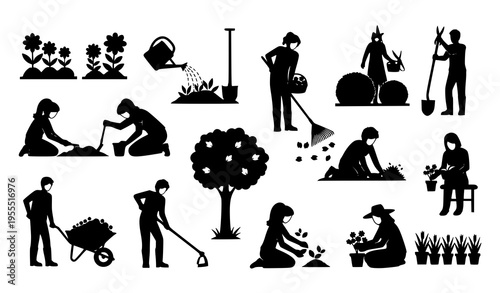 Gardening and Farming People Silhouette Set with Planting, Watering, Harvesting, Tree Care, and Agricultural Work Activities for Nature Vector Illustration