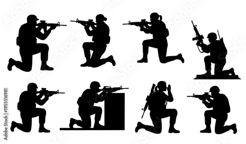 Military Soldier Tactical Silhouette Set with Shooting, Sniper Positions, and Armed Combat Poses for Army, Defense, and Battlefield Vector Illustration