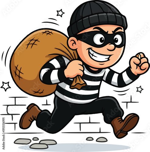 Cartoon burglar running with a sack of loot, representing crime and theft