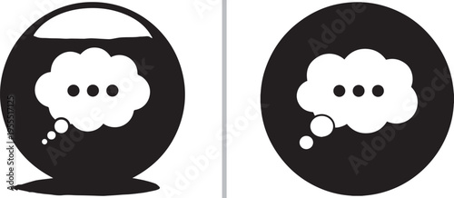 Two black circular icons featuring white cloud-shaped thought bubbles with ellipsis dots. One icon includes a glossy reflection at the top, representing thinking, digital chat, or processing ideas.
