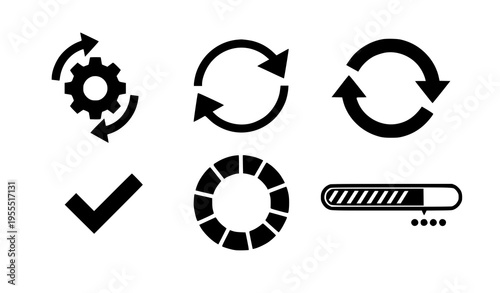 Loading and Refresh Icon Set with Circular Arrows, Progress Indicators, Check Mark, and System Update Symbols for UI and App Vector Design
