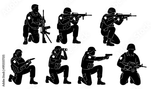 Military Soldier Silhouette Set with Tactical Combat Poses, Armed Forces Personnel, and Weapon Aiming Positions for Army and Defense Vector Illustration