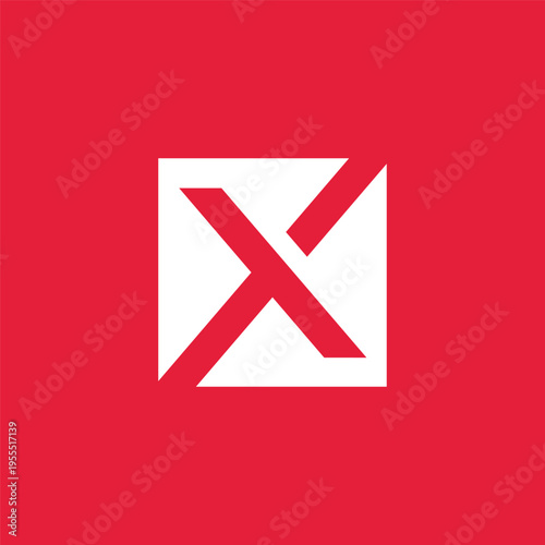 Red square with a white stylized cross or x symbol, graphic design, minimalist logo