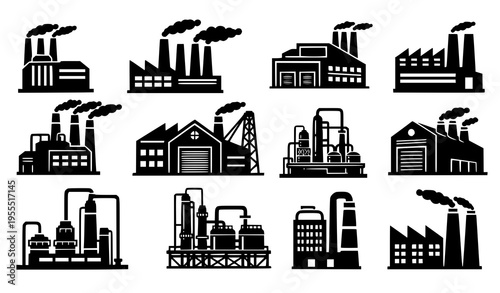 Industrial Factory Building Icon Set with Manufacturing Plants, Warehouses, Chimneys, and Production Facilities for Industry and Infrastructure Vector Illustration Collection