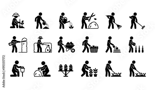 Gardening and Farming Activity Icon Set with People Planting, Watering, Harvesting, Lawn Care, and Agricultural Work Symbols for Outdoor Vector Design