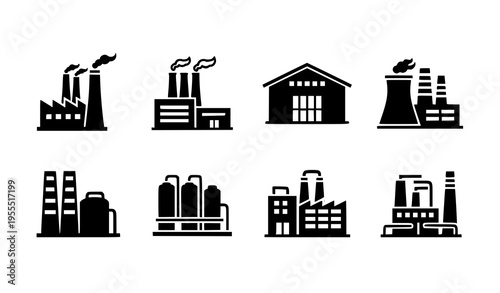 Industrial Factory and Power Plant Icon Set with Manufacturing Buildings, Energy Facilities, and Production Infrastructure for Industry Vector Illustration Collection