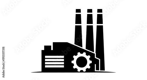 Modern Industrial Factory Icon with Gear and Smokestacks. Minimalist Manufacturing Plant Silhouette Isolated on White Background for Business and Engineering Design.