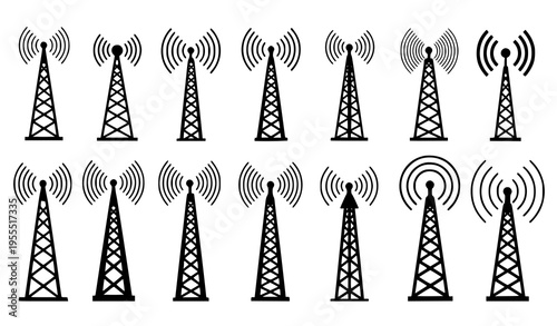 Telecommunication Tower Icon Set Featuring Signal Antennas, Wireless Network Transmission, Radio Towers, and Connectivity Symbols for Technology, Internet, and Communication Design