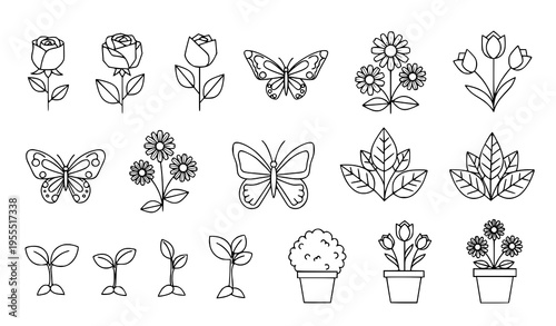 Floral and Botanical Line Art Icon Set Featuring Flowers, Butterflies, Leaves, Sprouts, and Potted Plants for Spring Design, Gardening, Nature Illustration, and Decorative Use