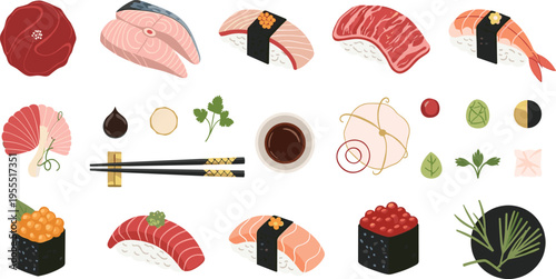 Japanese sushi and sashimi vector set featuring salmon nigiri maki rolls chopsticks and soy sauce for restaurant menu and food design